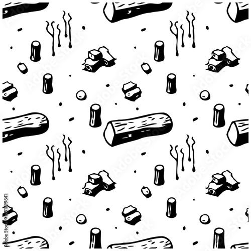 A seamless wood pattern with logs, stumps, and twigs, creating a rustic and natural background with a forest theme