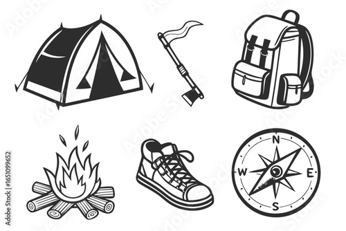 Camping and hiking equipment icons isolated on white background