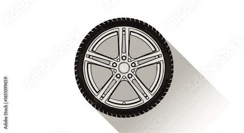 Top-down view of a stylized car wheel, showing tire and alloy rim details.