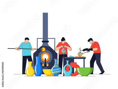 Glassblowing Artisan Workshop: A team of skilled artisans expertly crafts beautiful glass art pieces in a workshop setting, showcasing the artistry and precision of glassblowing.