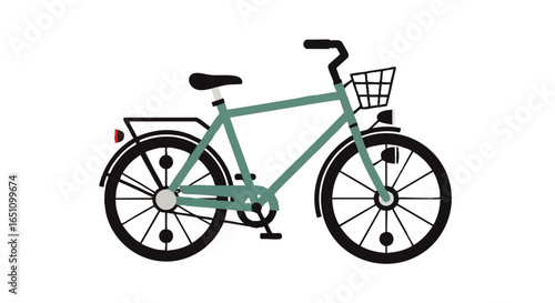A classic teal bicycle with a front basket, rear rack, and reflectors, ready for a ride.
