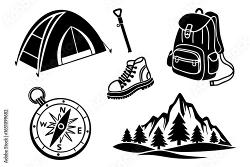 Camping and hiking equipment and mountain illustration