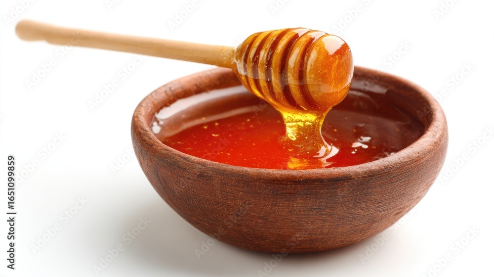 Fototapeta premium Honey pot and dipper on white background.
