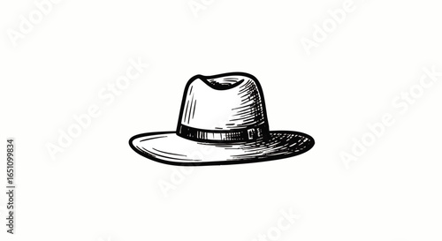 Hand-drawn sketch of a fedora-style hat, detailed with shading and a band.