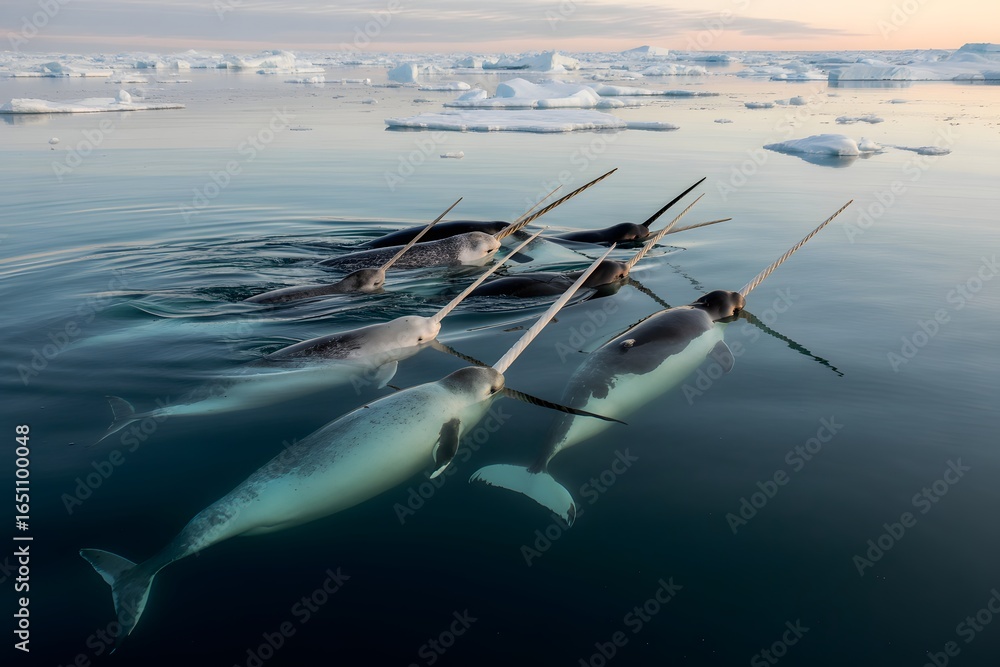 Fototapeta premium Pod of narwhals swimming in icy arctic waters at sunset