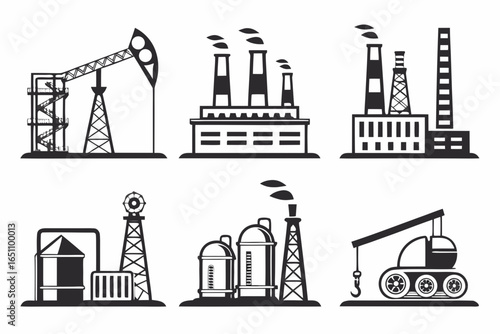 Set of industrial factory and power plant icons