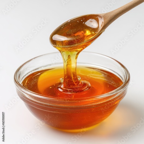 Honey pot and dipper on white background.