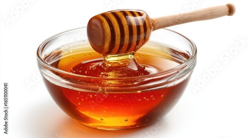 Honey pot and dipper on white background.