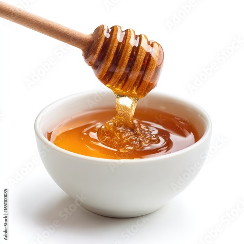 Honey pot and dipper on white background.