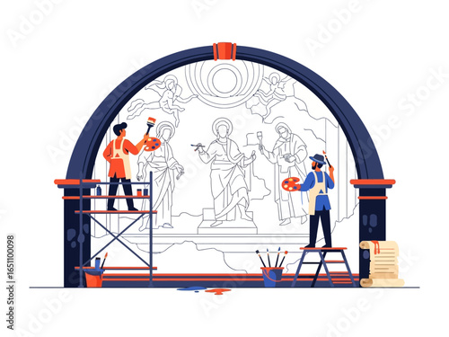 Artistic Creation: Two artists meticulously work together, breathing life into an inspiring artistic mural with brushes and palettes, capturing the essence of artistic pursuit.