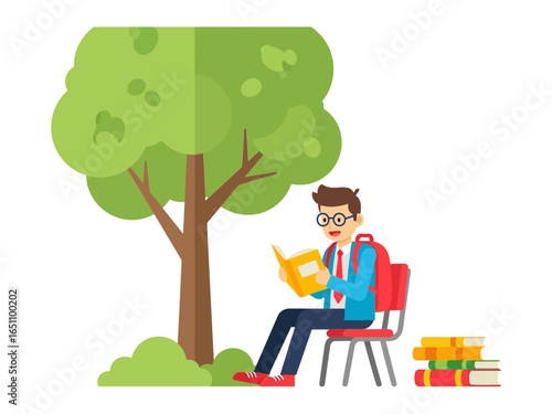 Reading Under The Shade: A student engrossed in a book, sheltered by a tree, the tranquility of education. Capturing the beauty of reading and knowledge acquisition in a calming setting.