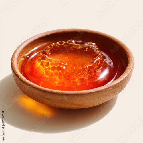 Honey pot and dipper on white background.