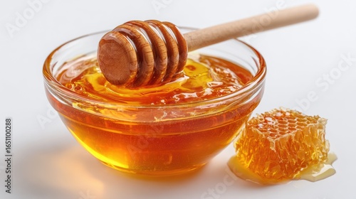 Honey pot and dipper on white background.