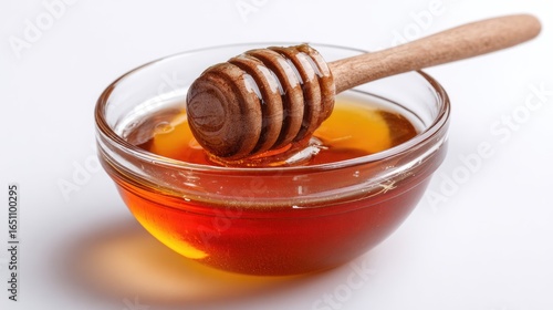 Honey pot and dipper on white background.