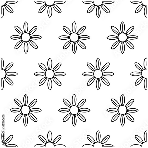 Seamless floral pattern with black outlined daisy flowers on a white background design creates repetition nature