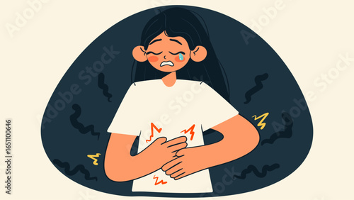 Woman cries from painful stomachache. Sick girl keeps her belly feeling pain from food poisoning. Isolated vector illustration.