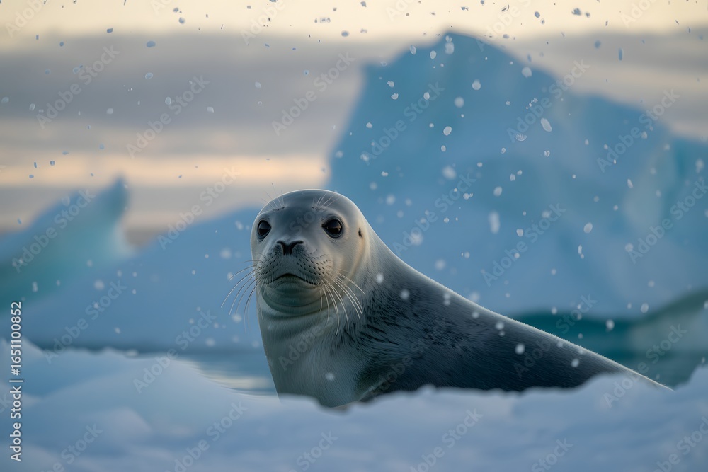Obraz premium Curious harp seal pup resting on ice floe in arctic waters