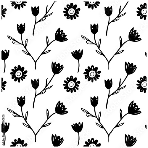 Hand-drawn floral pattern seamless background, cute and simple flowers and plants black and white design illustration