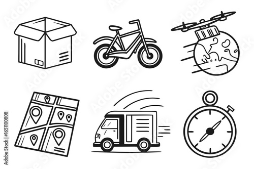 Delivery and logistics icons box, bike, drone, map, van, compass