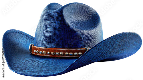 Western Chic: A detailed shot of a blue cowboy hat, a symbol of adventure, the American West, and the allure of the open road, with a close-up on the leather band and its metallic studs. 