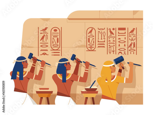 Ancient Craft: Illustration of artisans skillfully carving hieroglyphs into a stone wall, a vivid portrayal of ancient craftsmanship and cultural heritage.