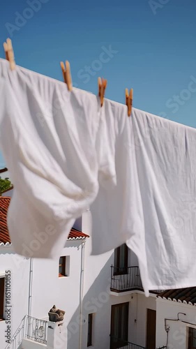 Freshly washed white clothes drying on a clothesline with wooden clothespins against a sunny clear blue sky