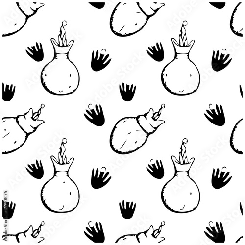 Seamless pattern featuring whimsical black and white illustrations of vases and abstract shapes backdrop design