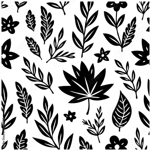 Botanical bliss a seamless pattern showcasing diverse foliage elements in black and white for artistic designs