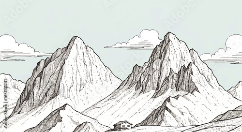 A serene hand-drawn illustration depicts two majestic snow-capped mountains under a partly cloudy sky, showcasing detailed texture and a peaceful landscape.