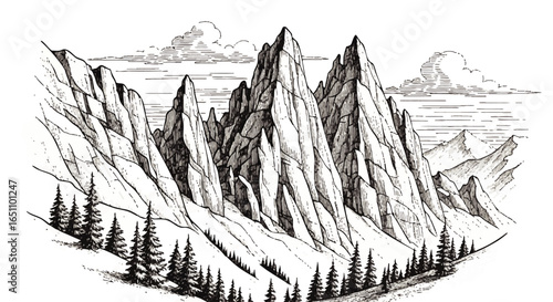 A dramatic ink drawing depicts a majestic mountain range, its sharp peaks piercing a partly cloudy sky, flanked by dark evergreen trees.