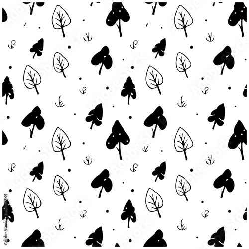 Whimsical black and white seamless pattern with stylized leaves and foliage for versatile background use showcasing simplicity