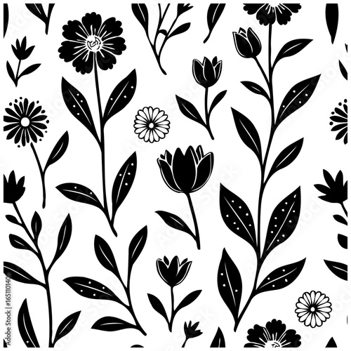 Elegant floral seamless pattern featuring hand drawn flowers and plants in black and white botanical design