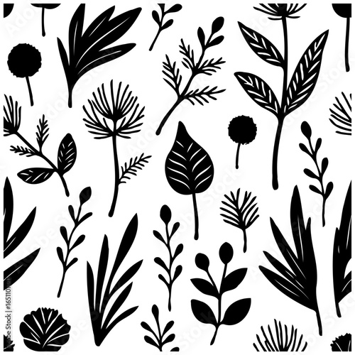 Seamless botanical pattern with various plants in black and white creates an elegant design, nature inspiration