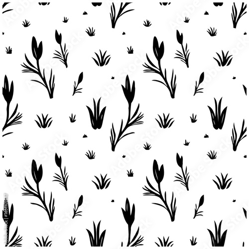 Black botanical pattern showcasing simplistic floral designs with foliage on a white background creating repetition