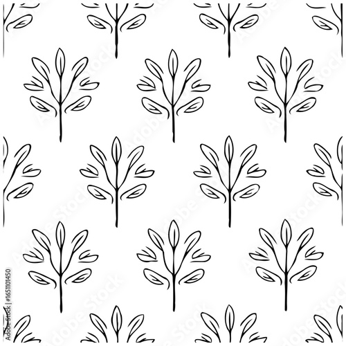 Elegant seamless pattern showcasing minimalist floral motif evoking spring ambiance and artistic botanical aesthetic with leaves