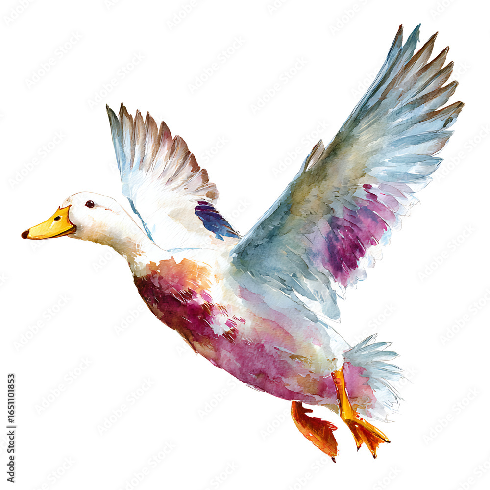 Obraz premium Watercolor Painting of a Flying Duck