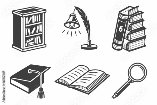 Collection of educational and literary icons isolated on white background