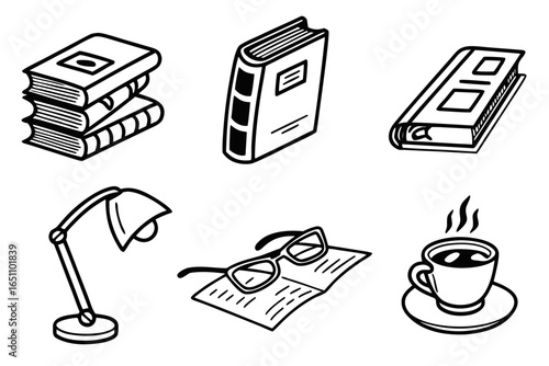 Collection of reading and study items isolated on white background