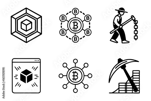 Bitcoin mining and blockchain technology icons isolated on white background