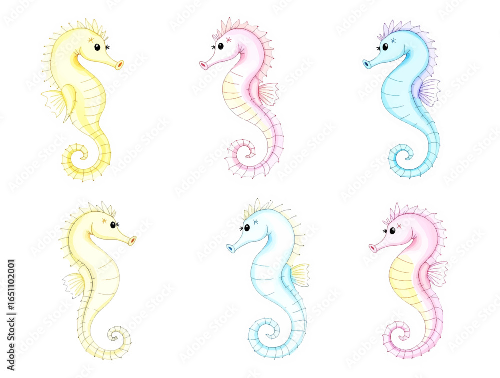 Fototapeta premium Watercolor illustration featuring a seamless pattern of colorful seahorses on a light cream background
