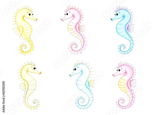 Watercolor illustration featuring a seamless pattern of colorful seahorses on a light cream background