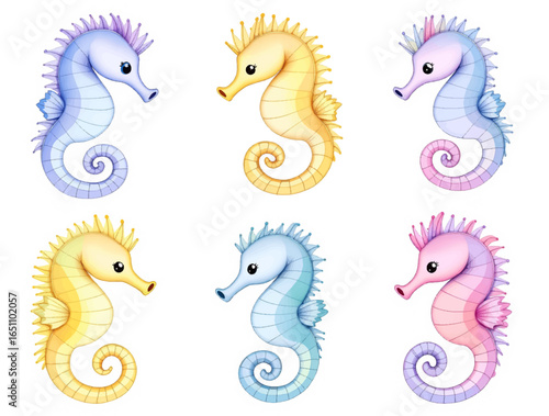 Watercolor illustration featuring a seamless pattern of colorful seahorses on a light cream background