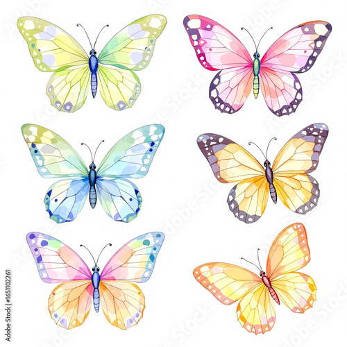 Watercolor vector set of bright hand-painted butterflies.