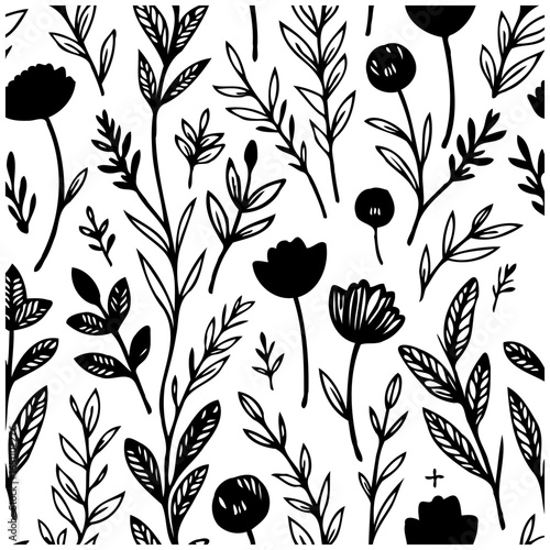 Elegant monochrome botanical pattern displaying hand drawn florals for stationery designs and creative background illustration usage