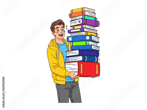 Bookish Boy: A joyful youth carries a towering stack of vividly colored books. Reflecting the anticipation and wonder of reading.