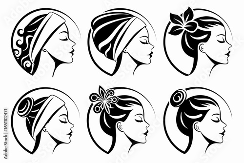 Set of elegant woman profiles with different hairstyles