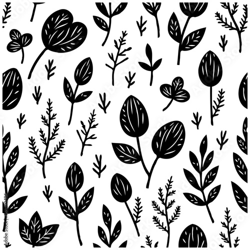Black and white botanical pattern featuring various floral elements creating a seamless organic design background