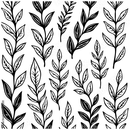 Botanical delight: A monochrome harmony of leaves and stems forming an elegant seamless background with plant vectors