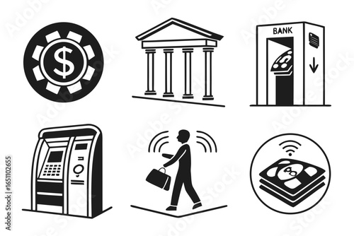 Financial services icons bank, atm, chip, contactless payment
