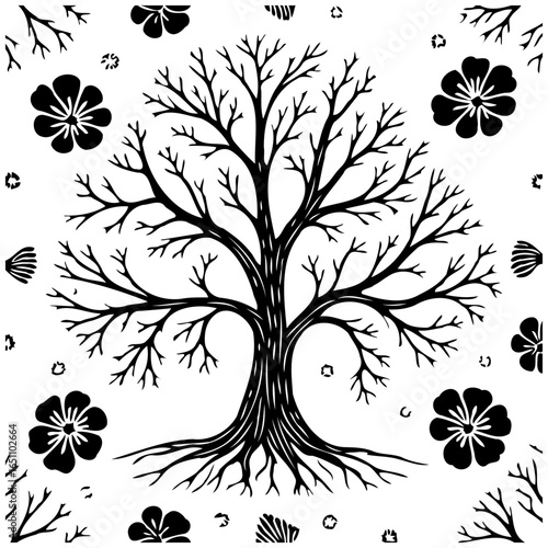 Elegant black and white vector tree art illustration with stylized flowers enhancing artistic expression adding floral elements